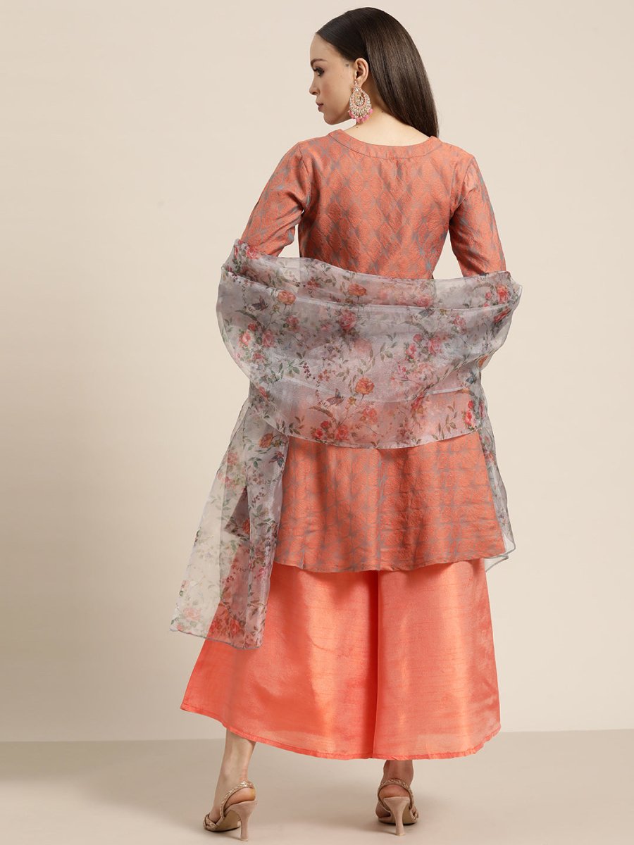Women Floral Pleated Dupion Silk Jacquard Kurta with Palazzos & Dupatta - JOKPL_D34W_1480_Orange_S