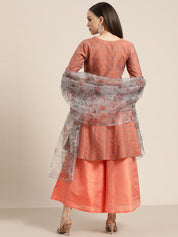 Women Floral Pleated Dupion Silk Jacquard Kurta with Palazzos & Dupatta - JOKPL_D34W_1480_Orange_S