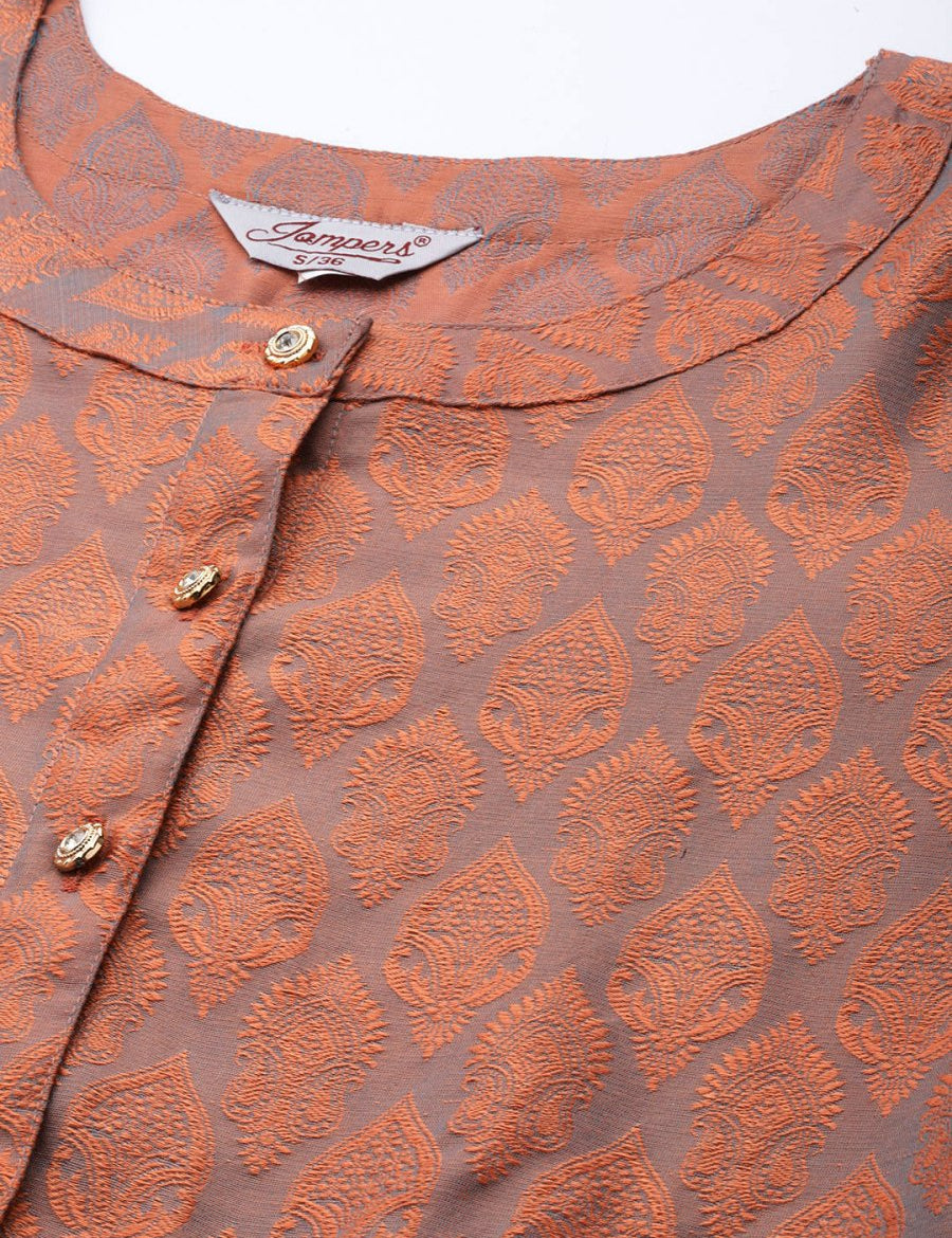 Women Floral Pleated Dupion Silk Jacquard Kurta with Palazzos & Dupatta - JOKPL_D34W_1480_Orange_S