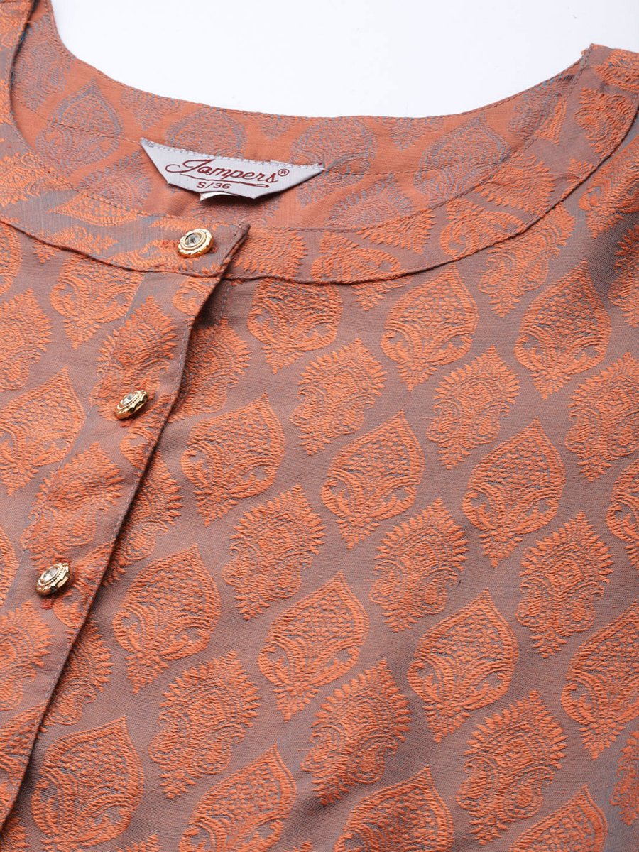 Women Floral Pleated Dupion Silk Jacquard Kurta with Palazzos & Dupatta - JOKPL_D34W_1480_Orange_S