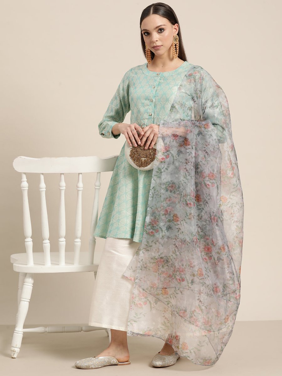Women Floral Pleated Dupion Silk Jacquard Kurta with Palazzos & Dupatta - JOKPL_D34W_1480_Blue_S