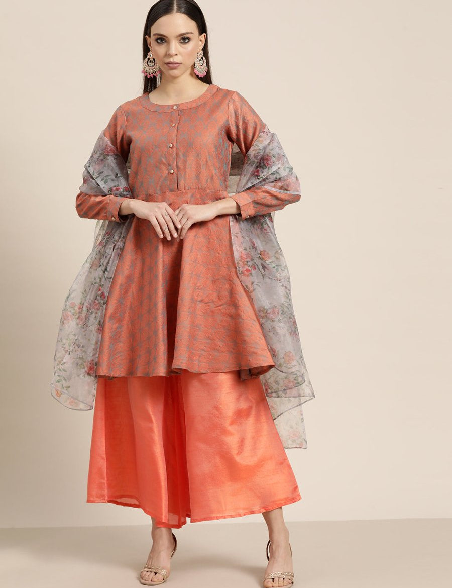 Women Floral Pleated Dupion Silk Jacquard Kurta with Palazzos & Dupatta - JOKPL_D34W_1480_Orange_S