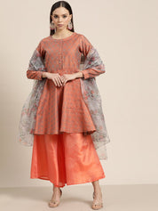 Women Floral Pleated Dupion Silk Jacquard Kurta with Palazzos & Dupatta - JOKPL_D34W_1480_Orange_S
