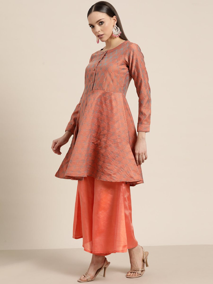 Women Floral Pleated Dupion Silk Jacquard Kurta with Palazzos & Dupatta - JOKPL_D34W_1480_Orange_S
