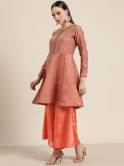 Women Floral Pleated Dupion Silk Jacquard Kurta with Palazzos & Dupatta - JOKPL_D34W_1480_Orange_S