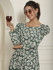 Women Floral Print Puff Sleeves Crepe Midi Dress - JND_1009Green_XS