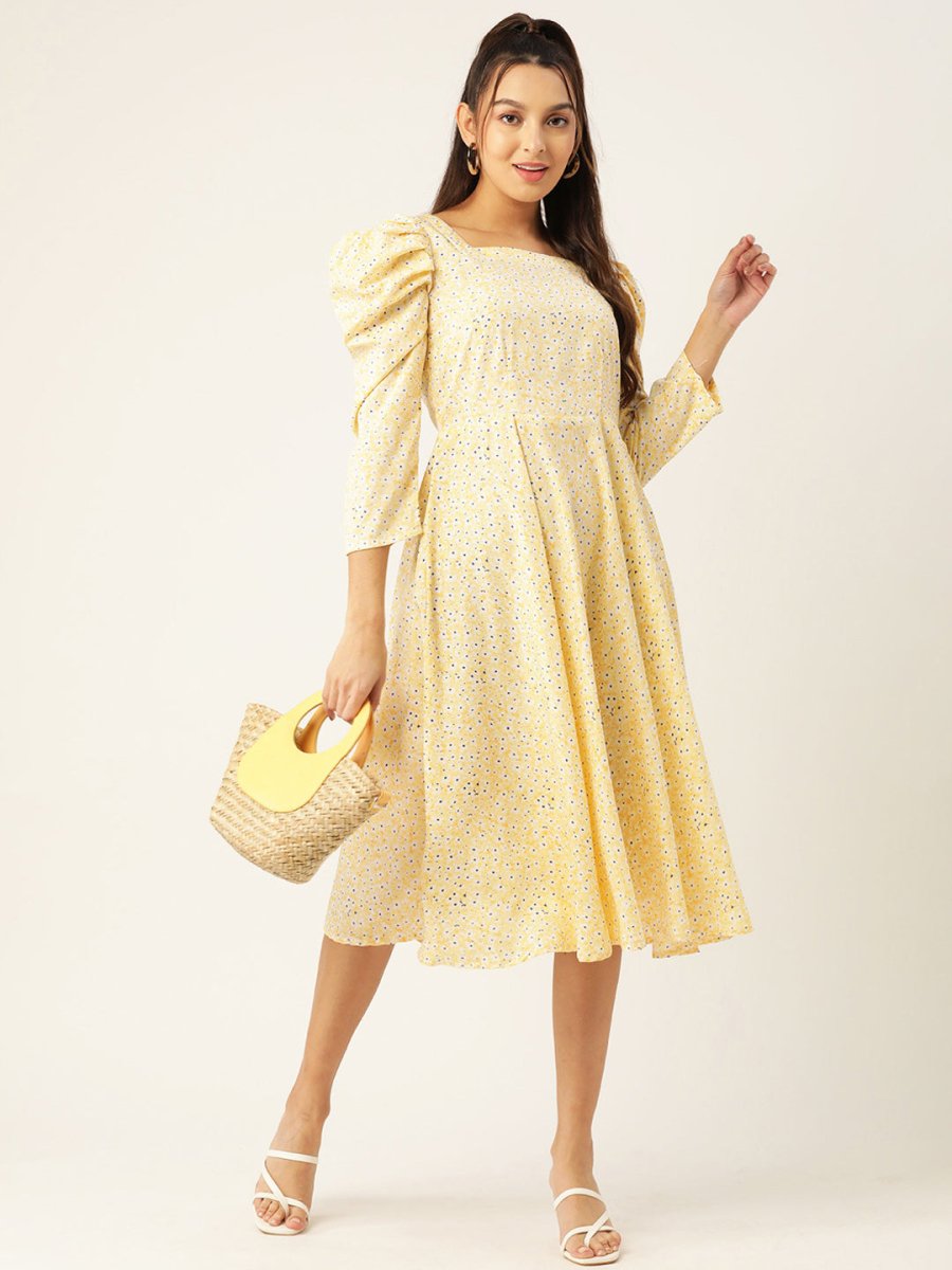 Women Floral Print Puff Sleeves Crepe Midi Dress - JND_1009Yellow_XS