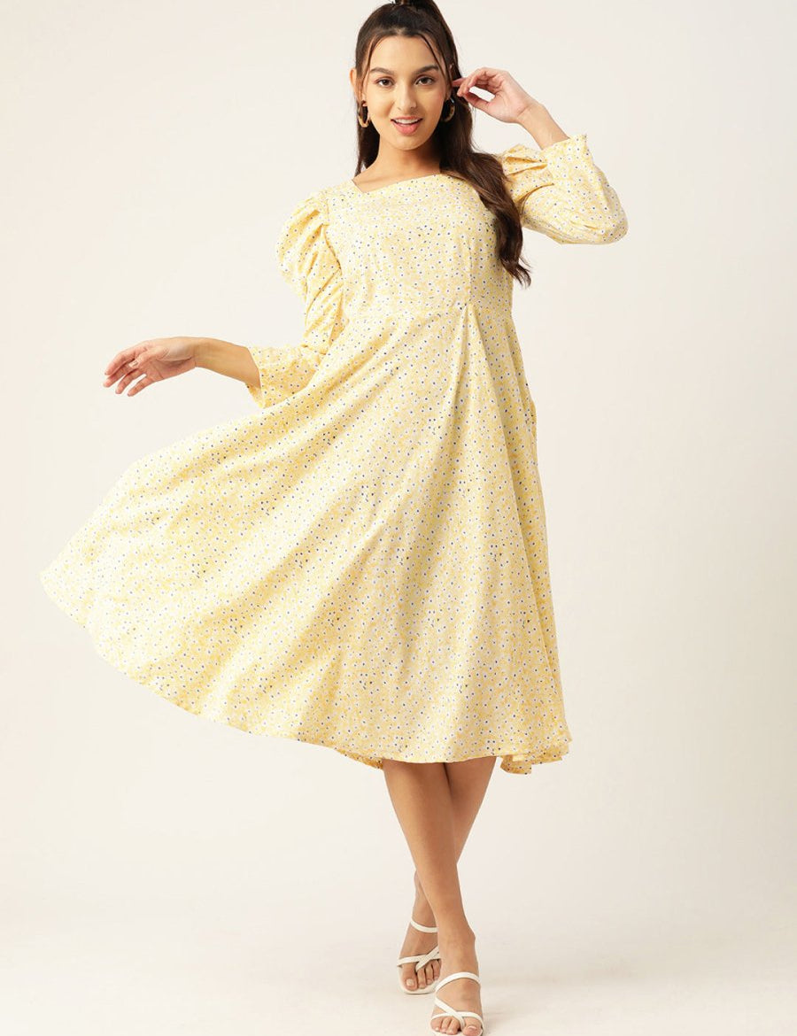 Women Floral Print Puff Sleeves Crepe Midi Dress - JND_1009Yellow_XS