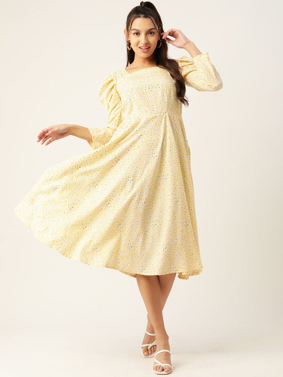 Women Floral Print Puff Sleeves Crepe Midi Dress - JND_1009Yellow_XS
