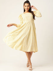 Women Floral Print Puff Sleeves Crepe Midi Dress - JND_1009Yellow_XS