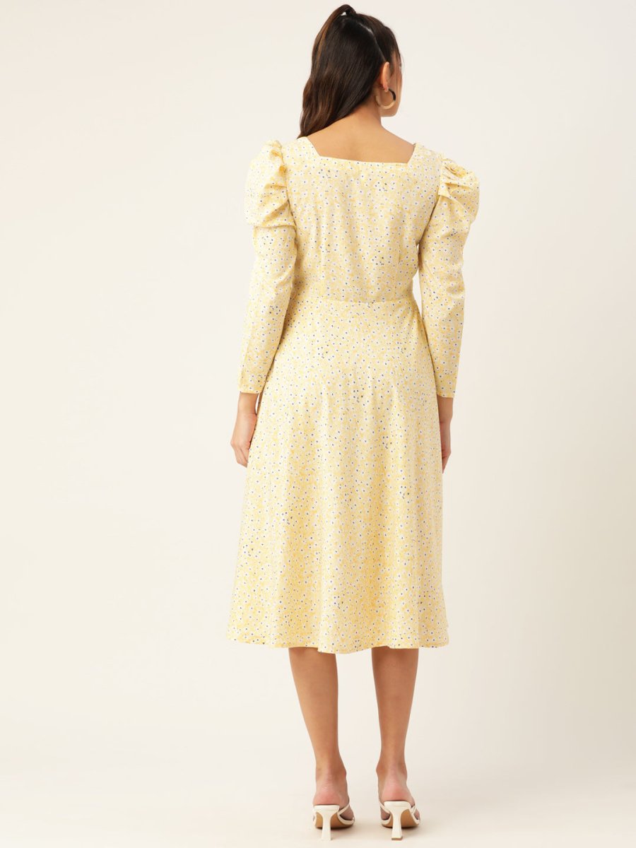 Women Floral Print Puff Sleeves Crepe Midi Dress - JND_1009Yellow_XS
