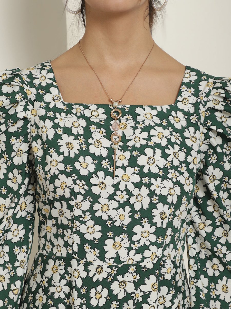 Women Floral Print Puff Sleeves Crepe Midi Dress - JND_1009Green_XS