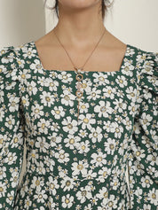 Women Floral Print Puff Sleeves Crepe Midi Dress - JND_1009Green_XS