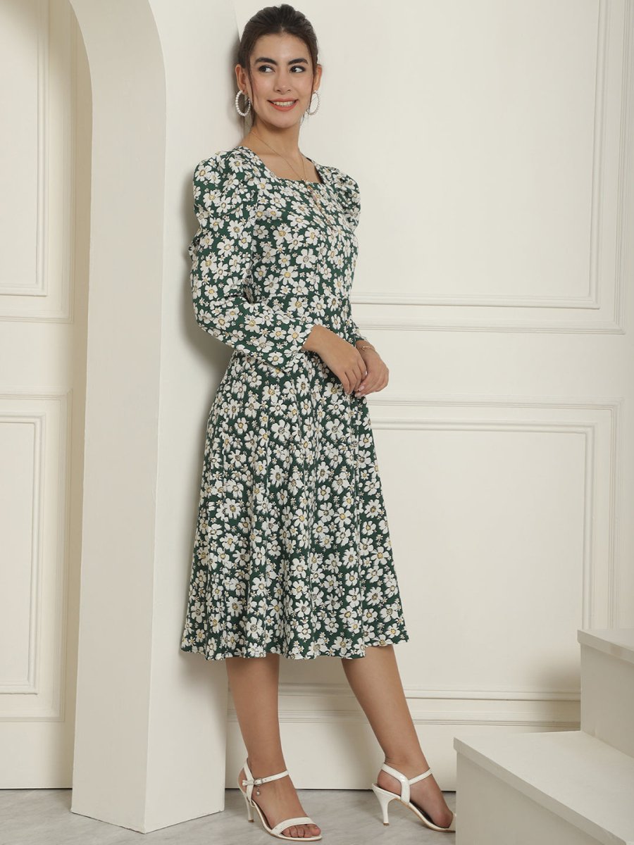 Women Floral Print Puff Sleeves Crepe Midi Dress - JND_1009Green_XS
