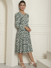 Women Floral Print Puff Sleeves Crepe Midi Dress - JND_1009Green_XS