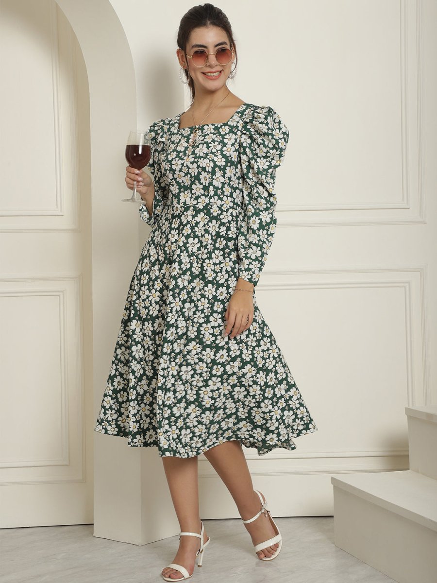 Women Floral Print Puff Sleeves Crepe Midi Dress - JND_1009Green_XS