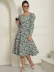 Women Floral Print Puff Sleeves Crepe Midi Dress - JND_1009Green_XS