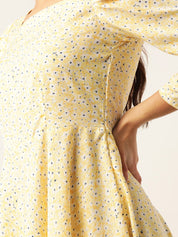 Women Floral Print Puff Sleeves Crepe Midi Dress - JND_1009Yellow_XS