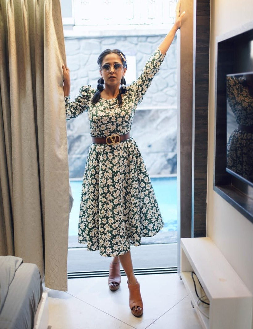Women Floral Print Puff Sleeves Crepe Midi Dress - JND_1009Green_XS