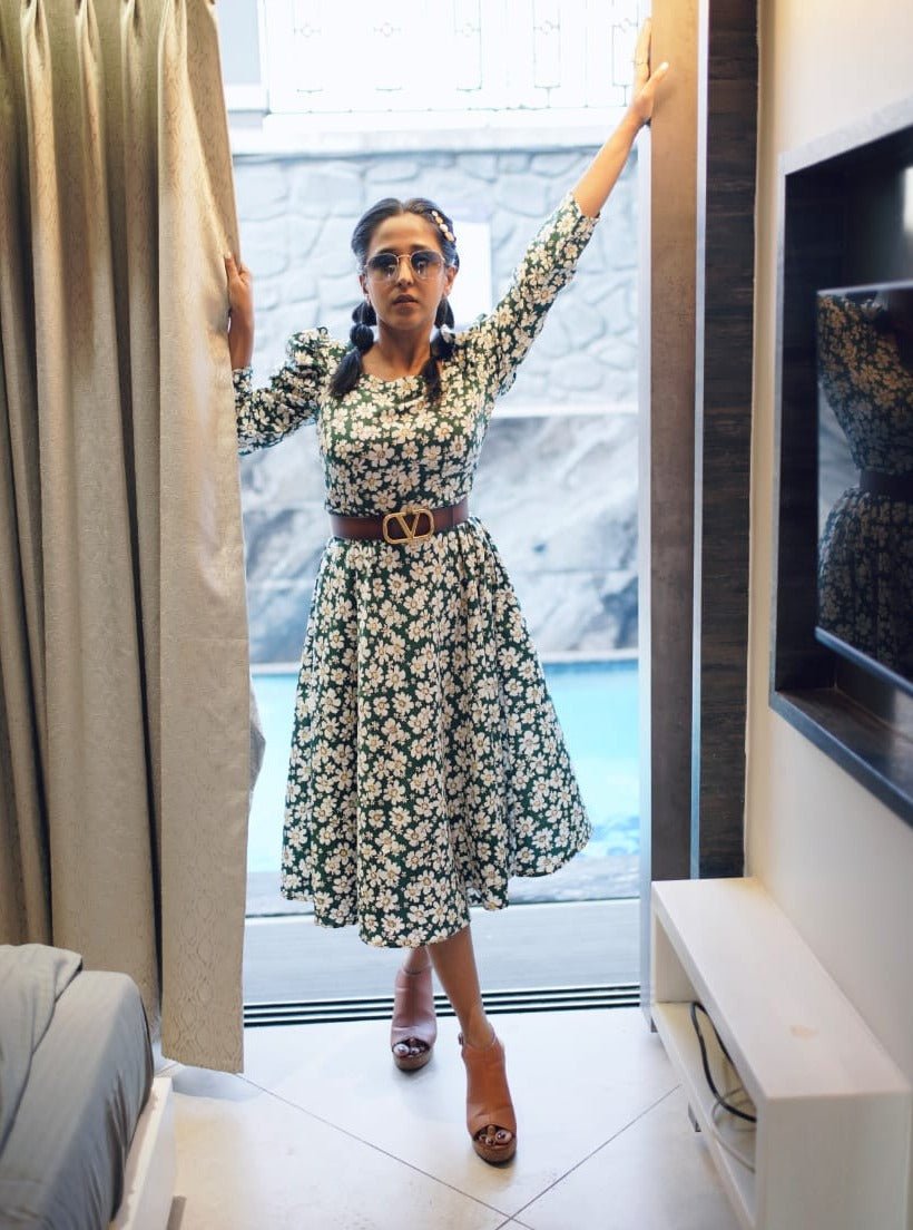 Women Floral Print Puff Sleeves Crepe Midi Dress - JND_1009Green_XS