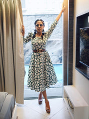 Women Floral Print Puff Sleeves Crepe Midi Dress - JND_1009Green_XS