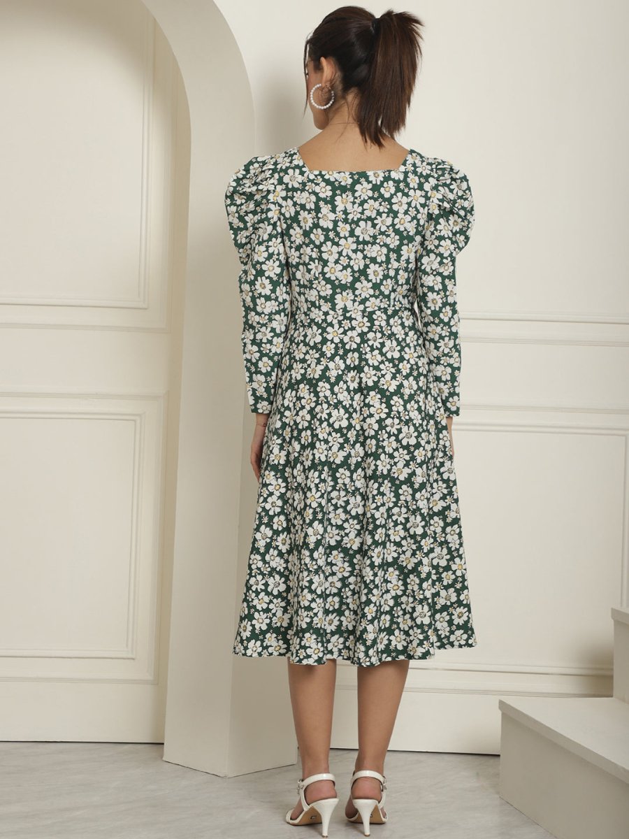 Women Floral Print Puff Sleeves Crepe Midi Dress - JND_1009Green_XS