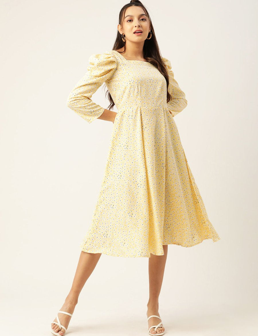 Women Floral Print Puff Sleeves Crepe Midi Dress - JND_1009Yellow_XS