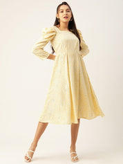 Women Floral Print Puff Sleeves Crepe Midi Dress - JND_1009Yellow_XS