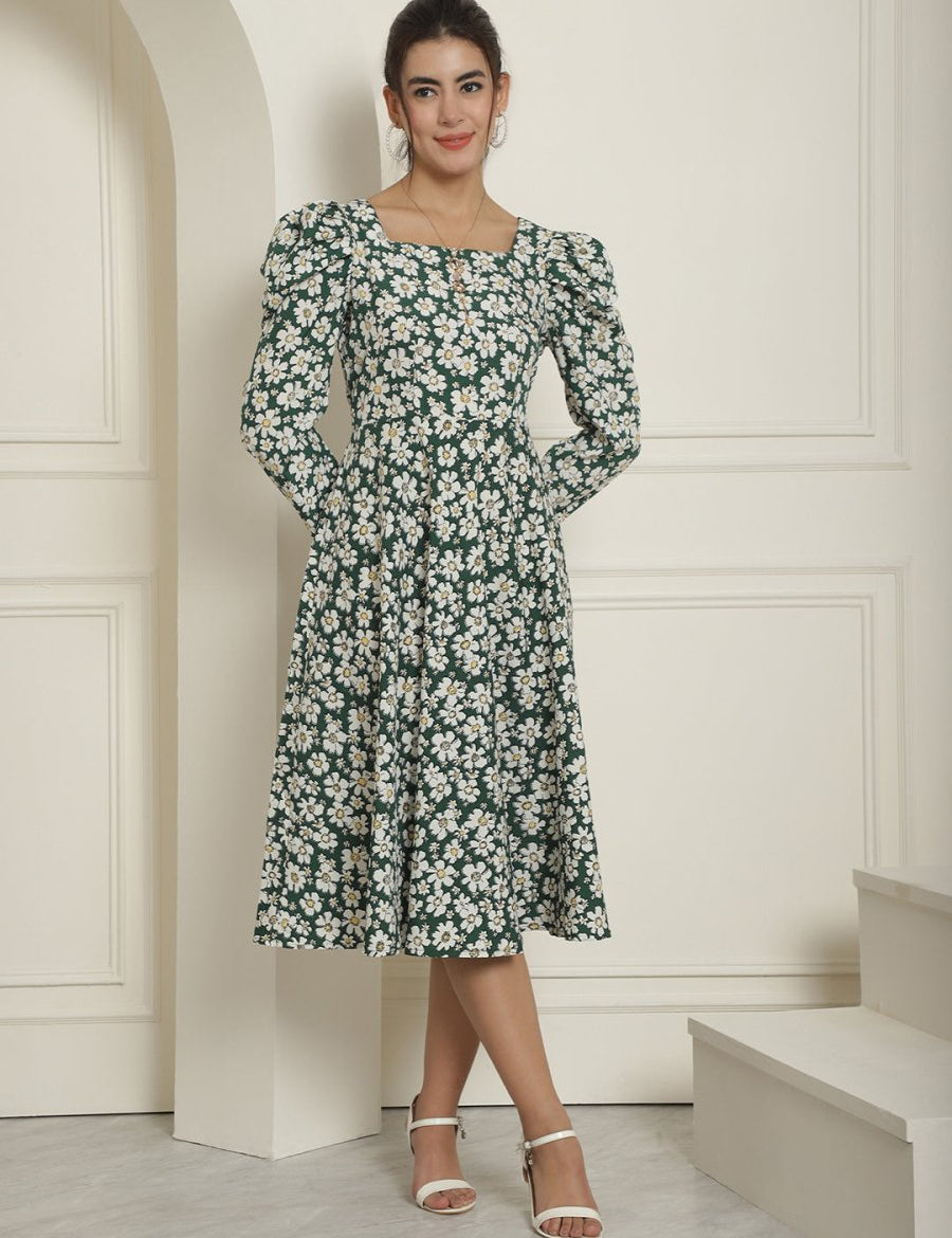 Women Floral Print Puff Sleeves Crepe Midi Dress - JND_1009Green_XS