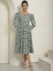 Women Floral Print Puff Sleeves Crepe Midi Dress - JND_1009Green_XS