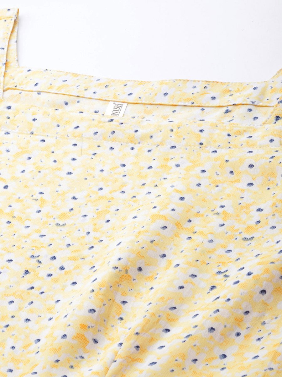 Women Floral Print Puff Sleeves Crepe Midi Dress - JND_1009Yellow_XS