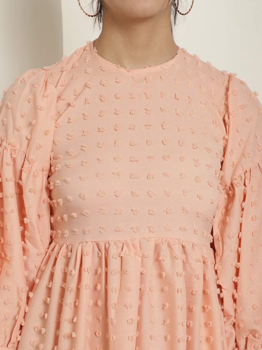 Women Georgette Puff Sleeves Tiered Dress - JND_1005Peach_XS
