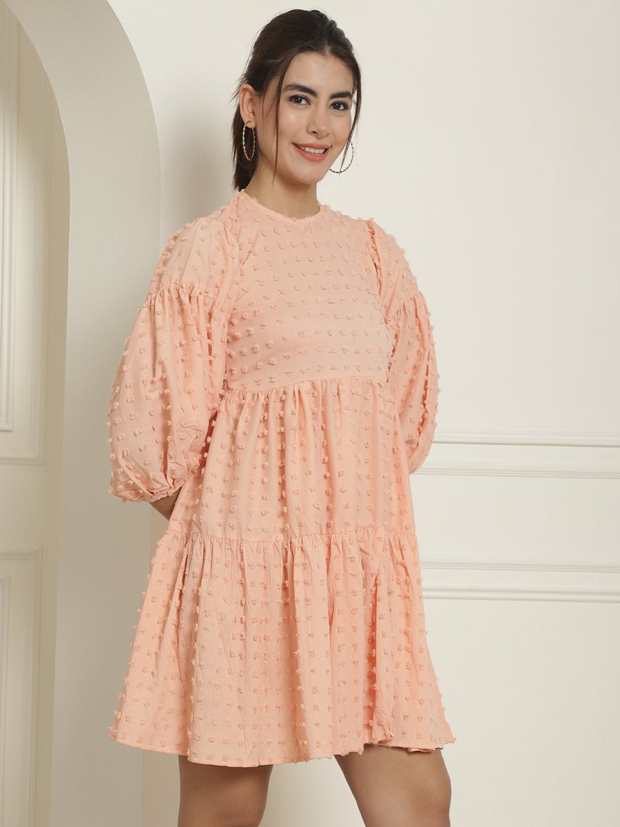 Women Georgette Puff Sleeves Tiered Dress - JND_1005Peach_XS