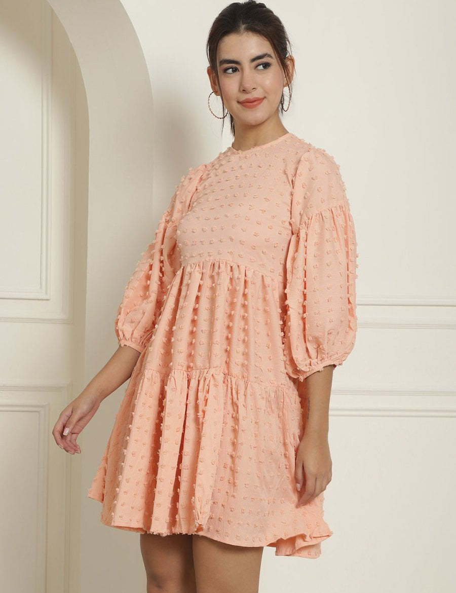 Women Georgette Puff Sleeves Tiered Dress - JND_1005Peach_XS