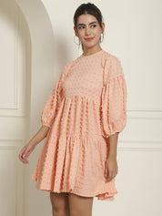 Women Georgette Puff Sleeves Tiered Dress - JND_1005Peach_XS