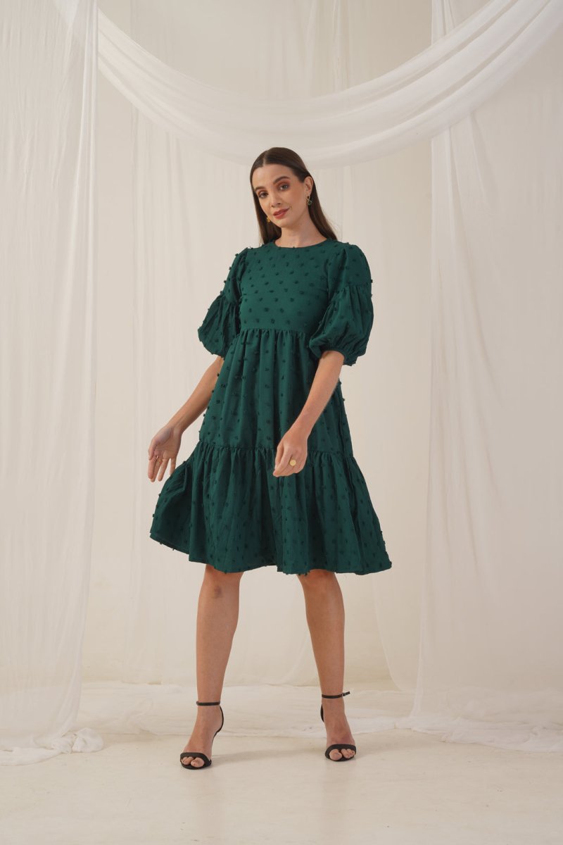Women Georgette Puff Sleeves Tiered Dress - JND_1005Green_XS
