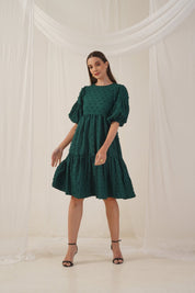 Women Georgette Puff Sleeves Tiered Dress - JND_1005Green_XS