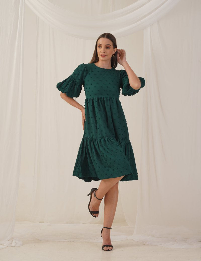 Women Georgette Puff Sleeves Tiered Dress - JND_1005Green_XS