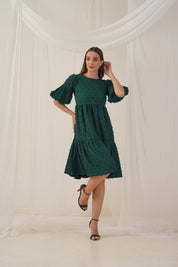 Women Georgette Puff Sleeves Tiered Dress - JND_1005Green_XS