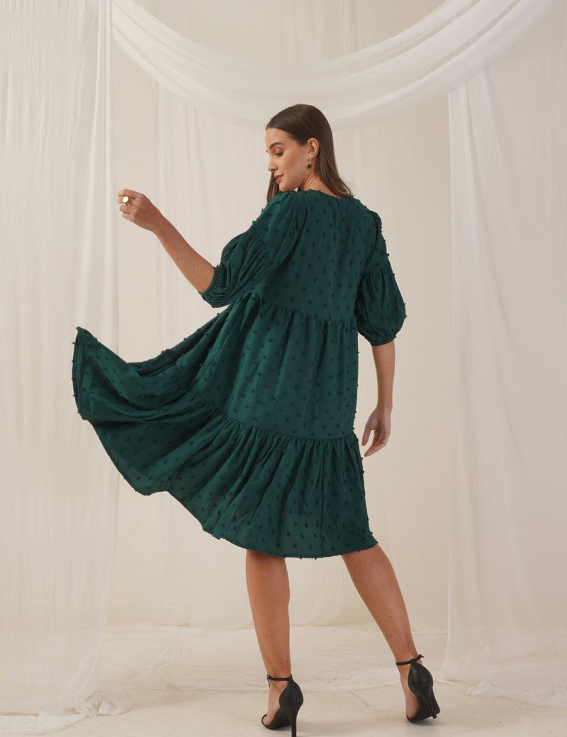 Women Georgette Puff Sleeves Tiered Dress - JND_1005Green_XS
