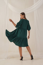 Women Georgette Puff Sleeves Tiered Dress - JND_1005Green_XS