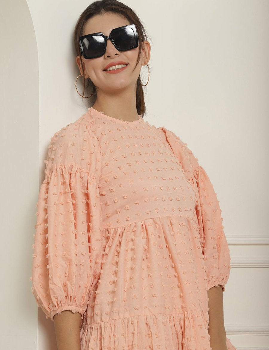 Women Georgette Puff Sleeves Tiered Dress - JND_1005Peach_XS
