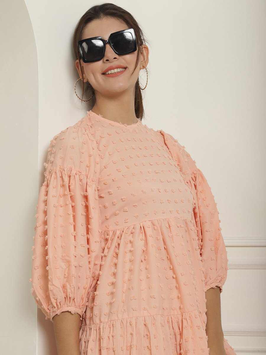 Women Georgette Puff Sleeves Tiered Dress - JND_1005Peach_XS