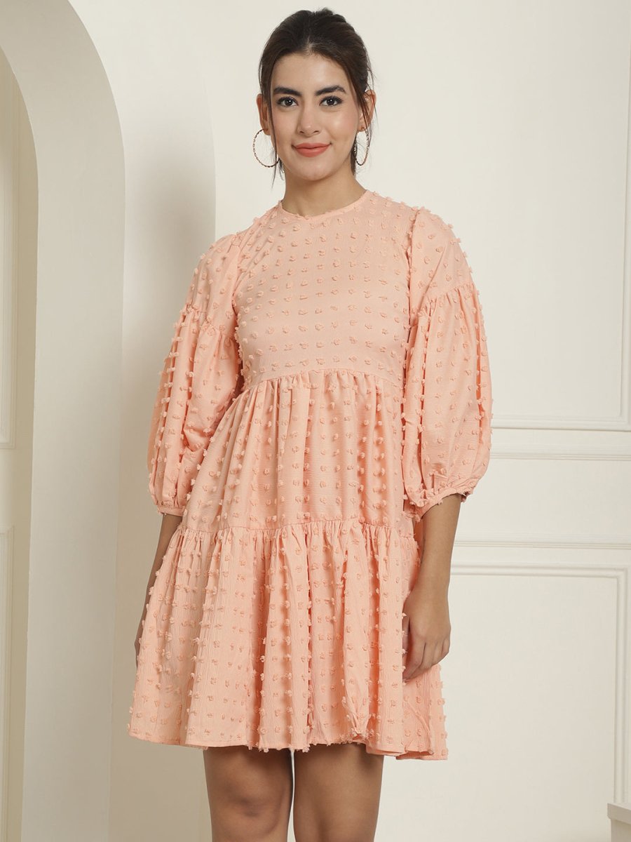 Women Georgette Puff Sleeves Tiered Dress - JND_1005Peach_XS