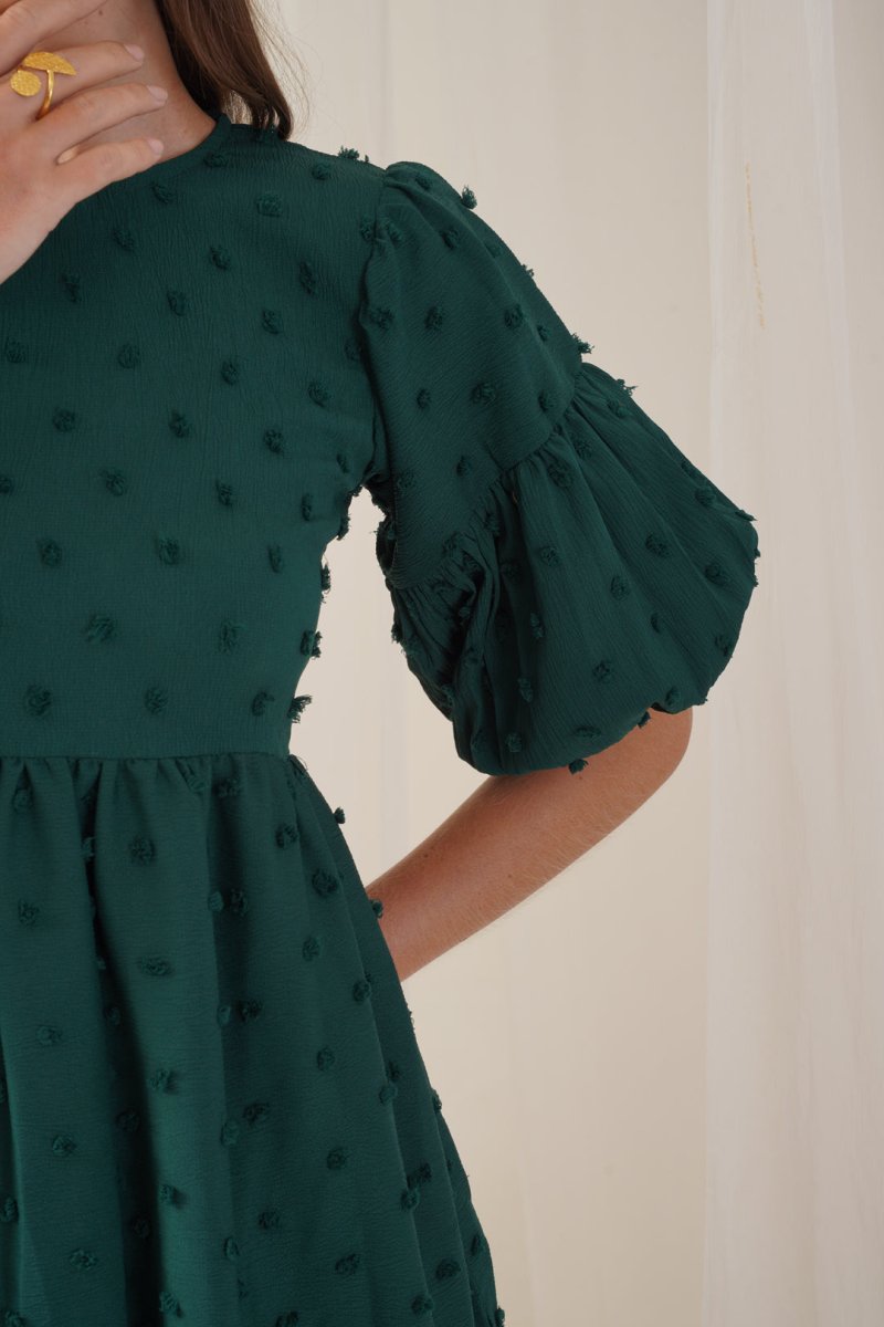 Women Georgette Puff Sleeves Tiered Dress - JND_1005Green_XS