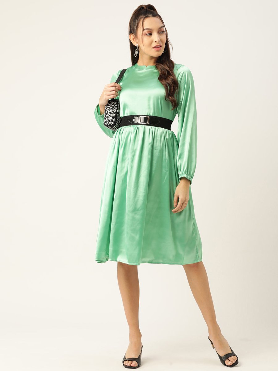 Women Green-Coloured Satin Dress with Belt - JND_1004Green_XS