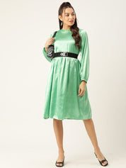 Women Green-Coloured Satin Dress with Belt - JND_1004Green_XS