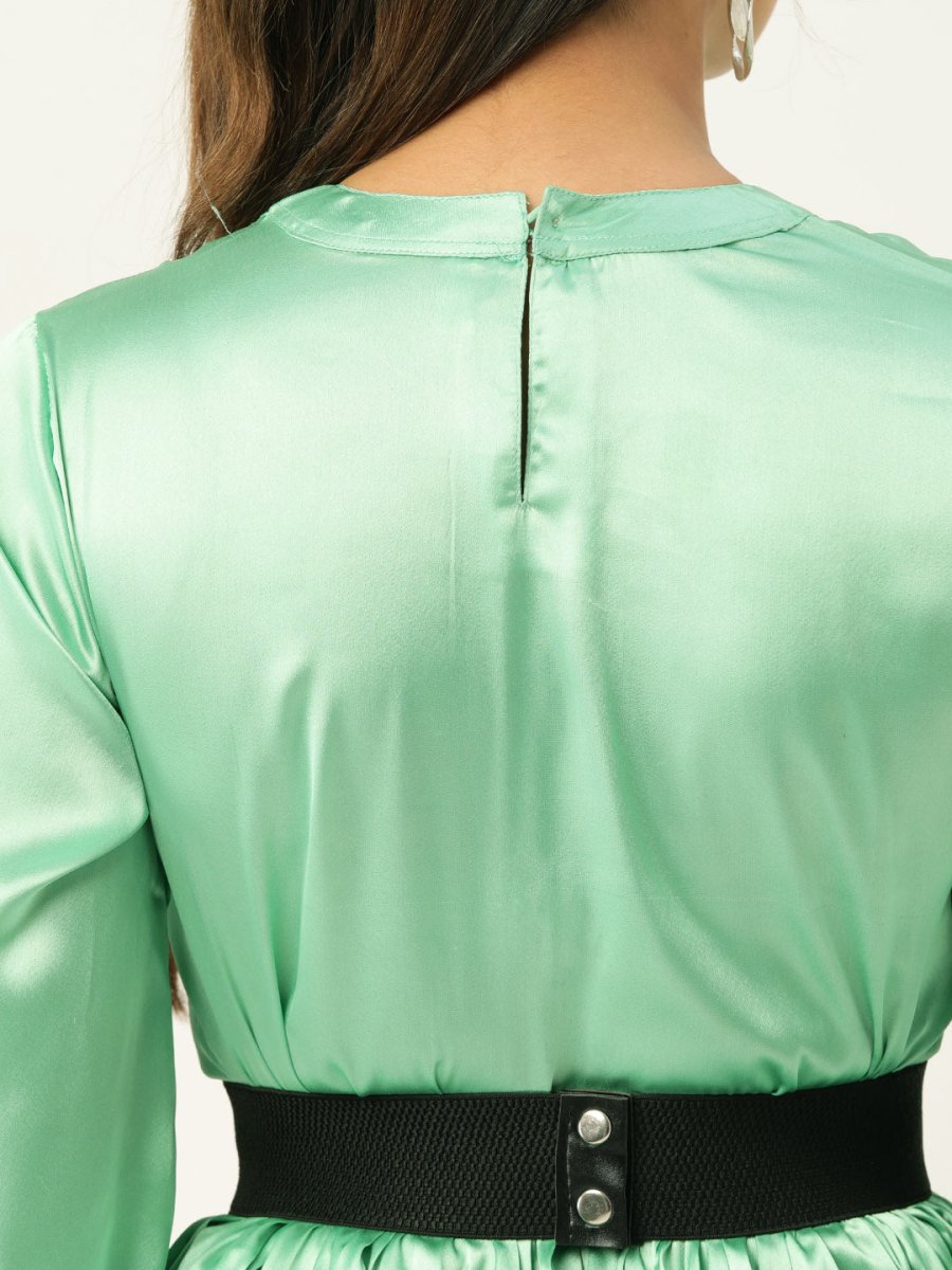 Women Green-Coloured Satin Dress with Belt - JND_1004Green_XS