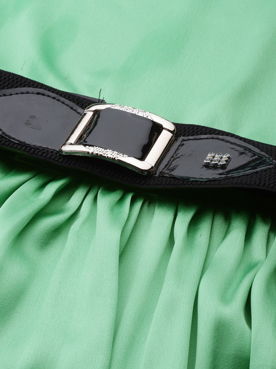 Women Green-Coloured Satin Dress with Belt - JND_1004Green_XS