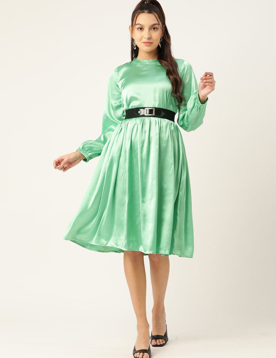 Women Green-Coloured Satin Dress with Belt - JND_1004Green_XS